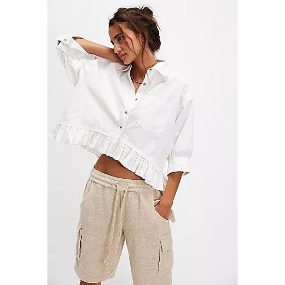 We The Free Bailey Shirt Women XS White Cotton Ruffle Hem Cropped OB2270386 - Picture 5 of 15